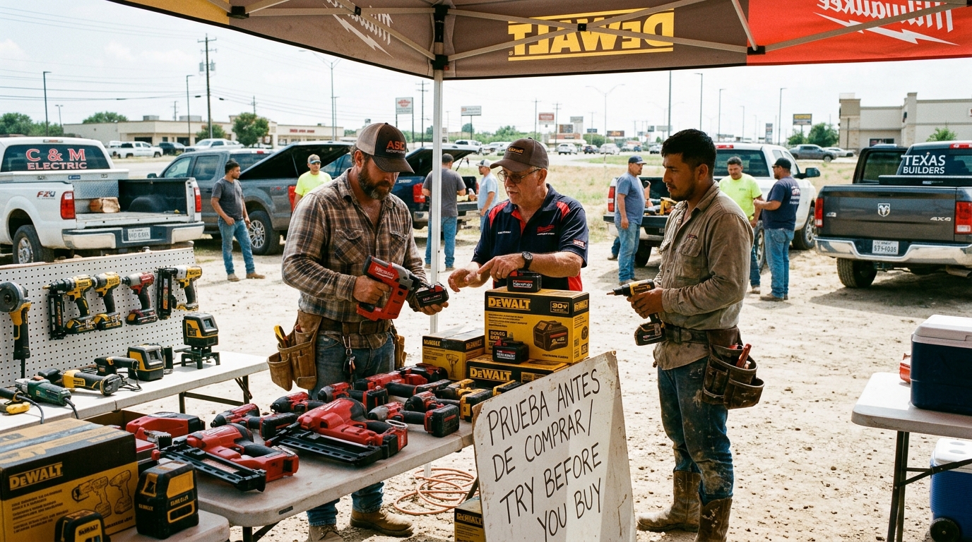 Tradesmen gathering at a roadside tool stand testing tools with 'Prueba Antes De Comprar / Try Before You Buy' sign