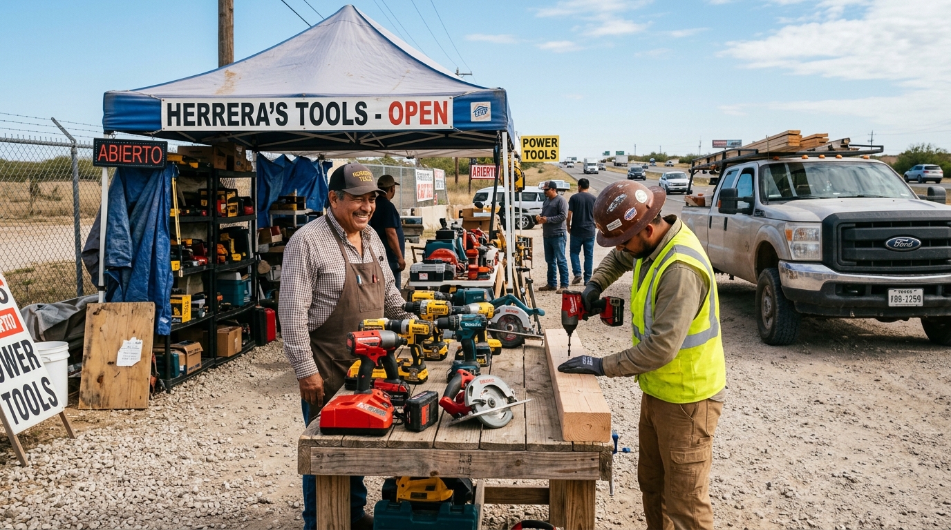 Herrera's Tools open-air roadside tool stand in Texas with contractor testing power tool on wooden workbench